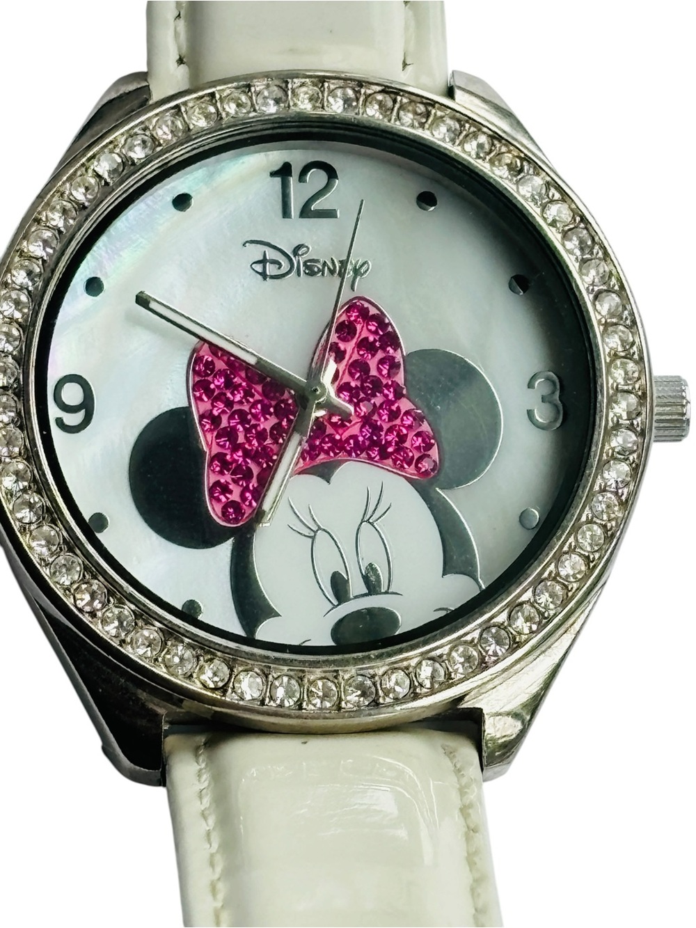 Disney 90s Minnie Mouse Rhinestone Watch Accutime White Leather Mother of Pearl